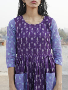 Purple Ivory Blue Hand Woven Mercerized Cotton Ikat Dress With Pockets - D173F1032