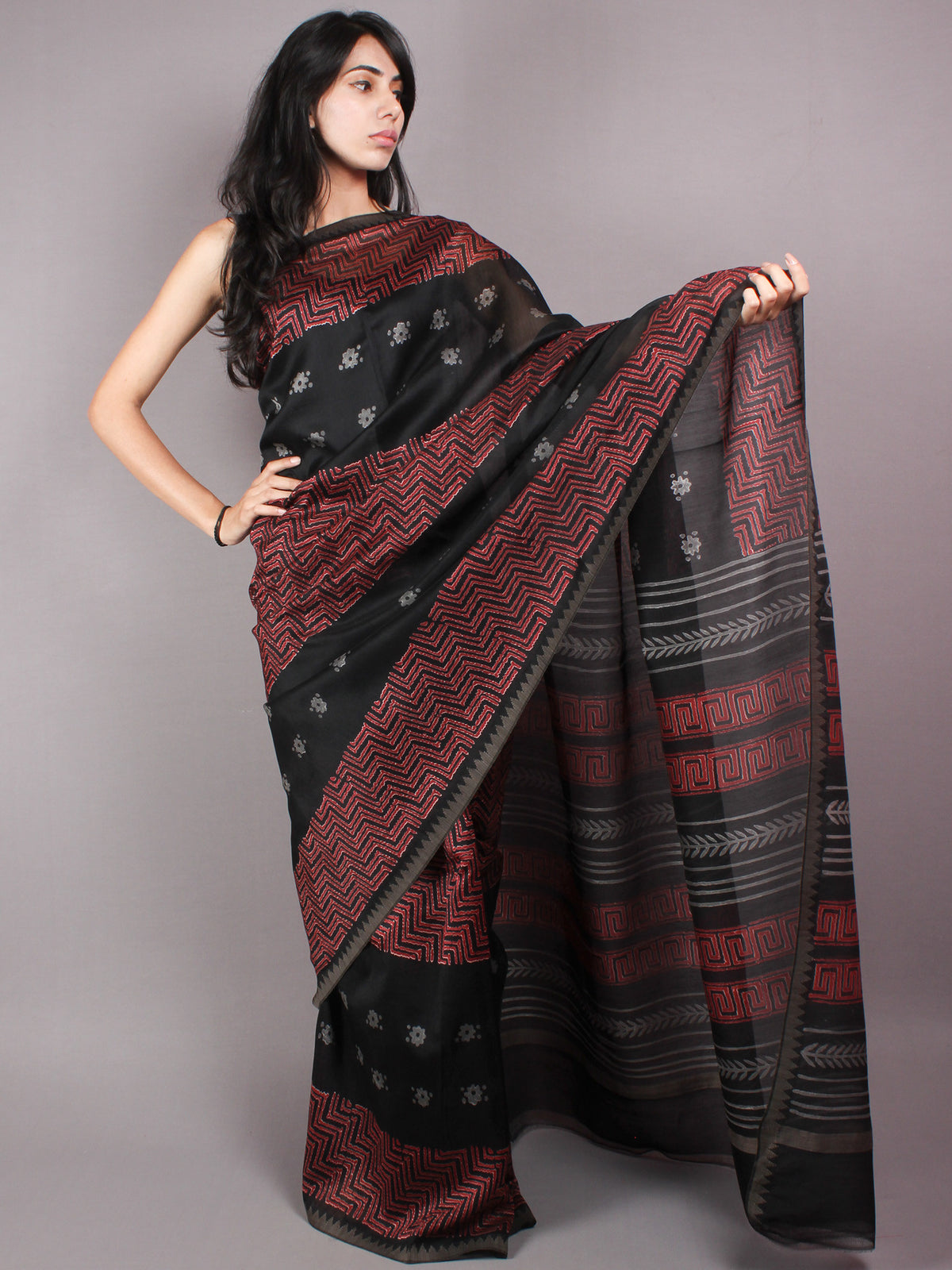 Black Red Hand Block Printed in Natural Vegetable Colors Chanderi Saree With Geecha Border - S03170307