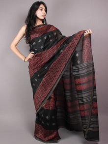 Black Red Hand Block Printed in Natural Vegetable Colors Chanderi Saree With Geecha Border - S03170307