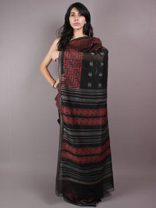 Black Red Hand Block Printed in Natural Vegetable Colors Chanderi Saree With Geecha Border - S03170307