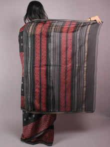 Black Red Hand Block Printed in Natural Vegetable Colors Chanderi Saree With Geecha Border - S03170307