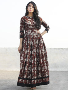 Brown Ivory Grey Black Hand Block Printed Cotton Long Dress With Back Details - D136F1136