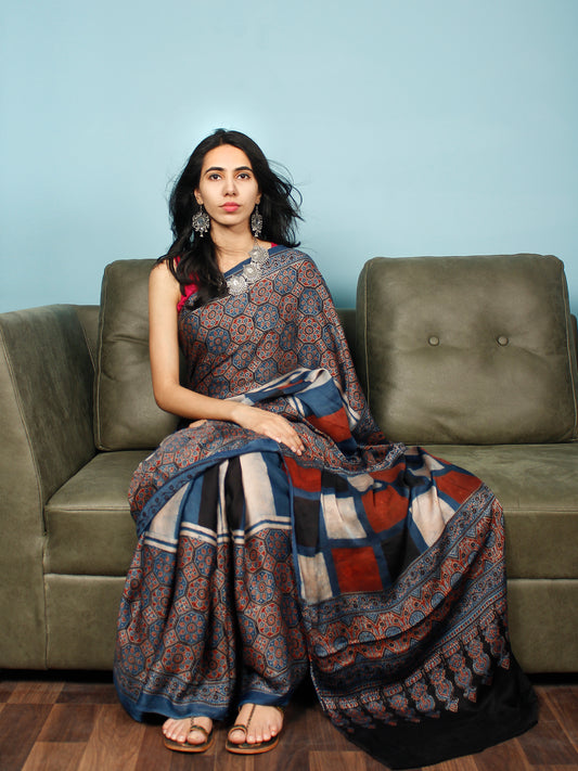 Indigo Red Black Beige Ajrakh Hand Block Printed Modal Silk Saree in Natural Colors - S031703381