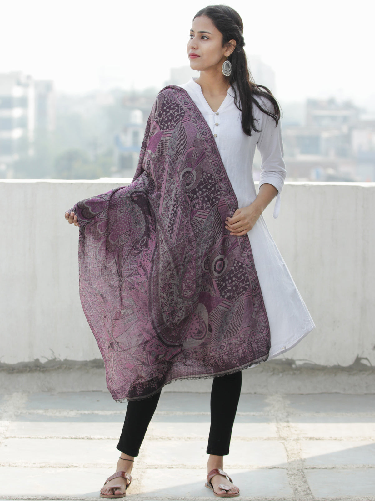Plum Grey Black Pure Cashmere Wool Jamavar Stole - S200560