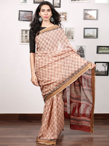 Beige Maroon Black Bagh Printed Maheshwari Cotton Saree - S031703312
