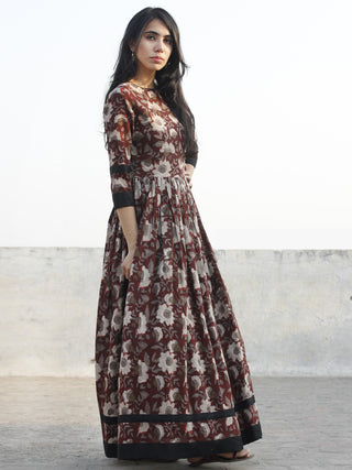Brown Ivory Grey Black Hand Block Printed Cotton Long Dress With Back Details - D136F1136