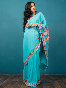 Electric Blue Lavender Maroon Aari Embroidered Georgette Saree From Kashmir  - S031703062