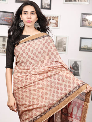Beige Maroon Black Bagh Printed Maheshwari Cotton Saree - S031703312