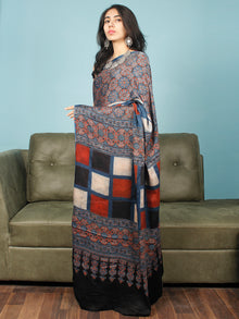 Indigo Red Black Beige Ajrakh Hand Block Printed Modal Silk Saree in Natural Colors - S031703381