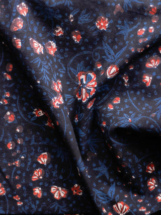 Black Indigo Ivory Red Hand Block Printed Cotton Fabric Per Meter - F001F1819