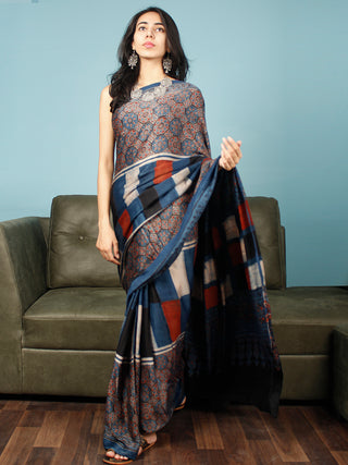 Indigo Red Black Beige Ajrakh Hand Block Printed Modal Silk Saree in Natural Colors - S031703381