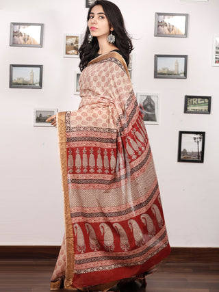 Beige Maroon Black Bagh Printed Maheshwari Cotton Saree - S031703312
