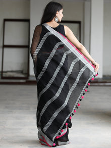 Black Silver Handwoven Linen Saree With Zari Border - S031703744