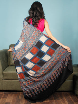 Indigo Red Black Beige Ajrakh Hand Block Printed Modal Silk Saree in Natural Colors - S031703381