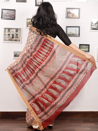 Beige Maroon Black Bagh Printed Maheshwari Cotton Saree - S031703312