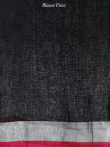 Black Silver Handwoven Linen Saree With Zari Border - S031703744