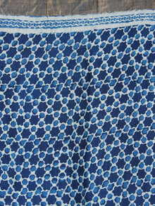 Indigo White Hand Block Printed Handwoven Linen Saree With Zari Border - S031703596