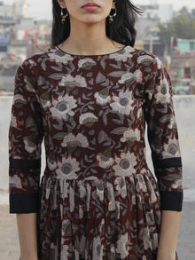 Brown Ivory Grey Black Hand Block Printed Cotton Long Dress With Back Details - D136F1136