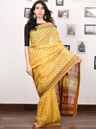 Yellow Maroon Black Bagh Printed Maheshwari Cotton Saree - S031703313