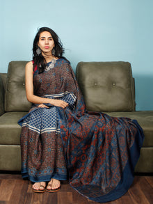 Indigo Ivory Maroon Ajrakh Hand Block Printed Modal Silk Saree in Natural Colors - S031703354