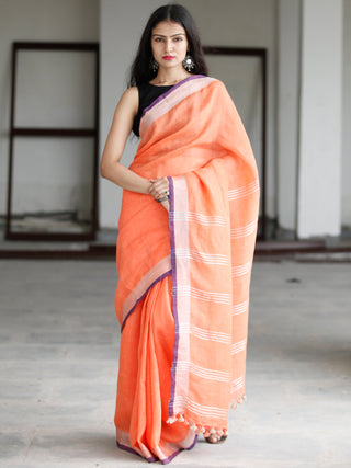 Orange Silver Purple Handwoven Linen Saree With Zari Border - S031703745