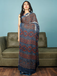 Indigo Ivory Maroon Ajrakh Hand Block Printed Modal Silk Saree in Natural Colors - S031703354