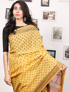 Yellow Maroon Black Bagh Printed Maheshwari Cotton Saree - S031703313