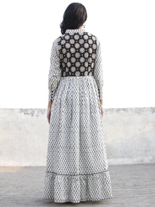 Ivory Black Grey Hand Block Printed Cotton Long Dress With Stand Collar  - D174F1058