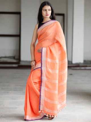 Orange Silver Purple Handwoven Linen Saree With Zari Border - S031703745