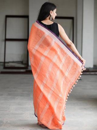 Orange Silver Purple Handwoven Linen Saree With Zari Border - S031703745