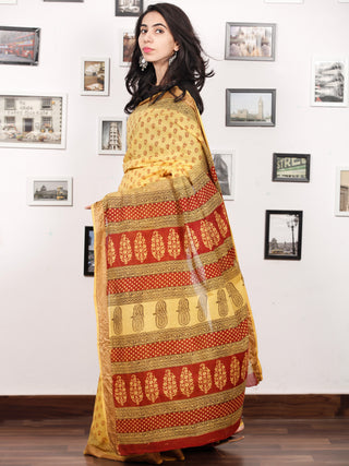 Yellow Maroon Black Bagh Printed Maheshwari Cotton Saree - S031703313