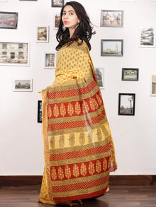 Yellow Maroon Black Bagh Printed Maheshwari Cotton Saree - S031703313
