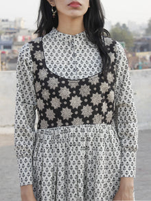 Ivory Black Grey Hand Block Printed Cotton Long Dress With Stand Collar  - D174F1058