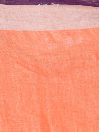 Orange Silver Purple Handwoven Linen Saree With Zari Border - S031703745