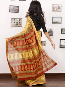 Yellow Maroon Black Bagh Printed Maheshwari Cotton Saree - S031703313