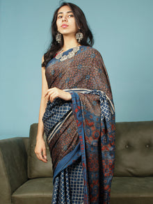 Indigo Ivory Maroon Ajrakh Hand Block Printed Modal Silk Saree in Natural Colors - S031703354