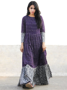 Violet Grey Ivory Hand Woven Cotton Mercerized  Ikat Tier Dress - D175F840