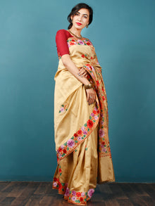 Yellow Lavender Red Green Aari Embroidered Bhagalpuri Silk Saree From Kashmir  - S031703064