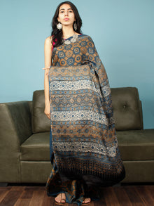 Indigo Rust Ivory Black Ajrakh Hand Block Printed Modal Silk Saree in Natural Colors - S031703355