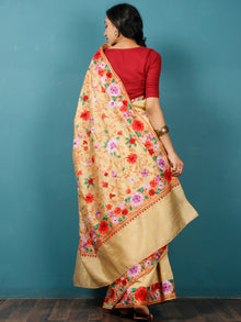 Yellow Lavender Red Green Aari Embroidered Bhagalpuri Silk Saree From Kashmir  - S031703064