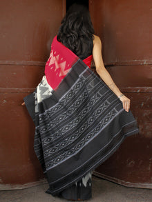 Red Black White Grey Double Ikat Handwoven Cotton Saree - S031703653