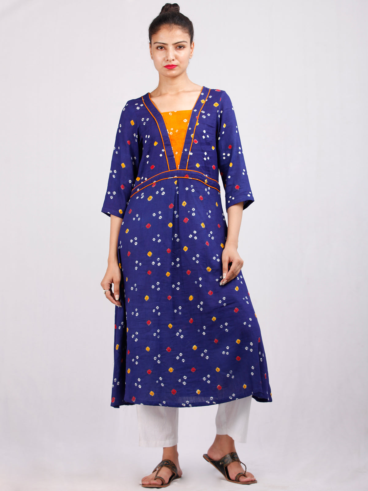Purple Mustard Yellow Bandhani  Printed Glace Cotton Kurta  - K181F1847