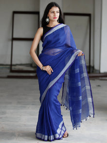 Royal Blue Silver Handwoven Linen Saree With Zari Border - S031703747