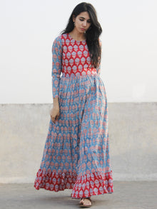 Red Blue Ivory Hand Block Printed Long Cotton Tier Dress -  D172F543