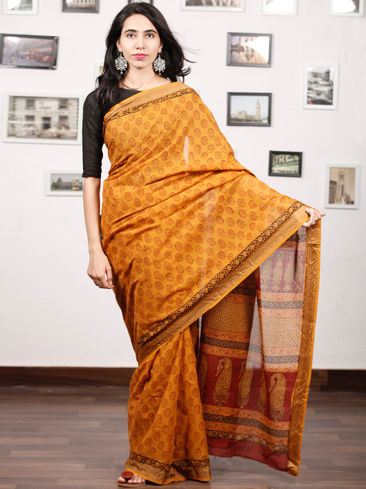 Orange Maroon Black Bagh Printed Maheshwari Cotton Saree - S031703315