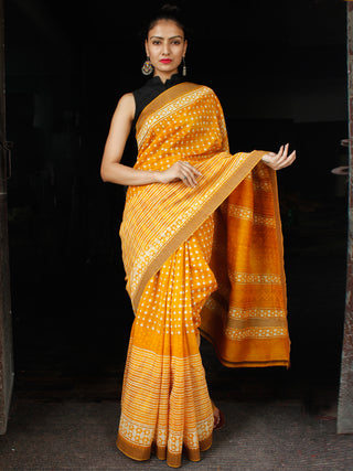 Golden Yellow Ivory Chanderi Silk Hand Block Printed Saree With Geecha Border - S031703599