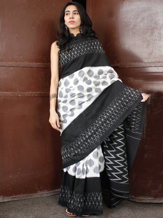 Black White Grey Double Ikat Handwoven Cotton Saree - S031703654