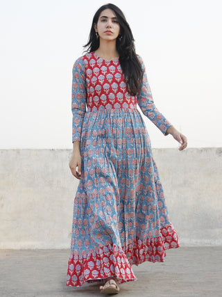 Red Blue Ivory Hand Block Printed Long Cotton Tier Dress -  D172F543