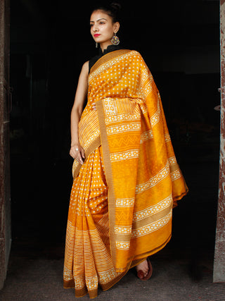 Golden Yellow Ivory Chanderi Silk Hand Block Printed Saree With Geecha Border - S031703599