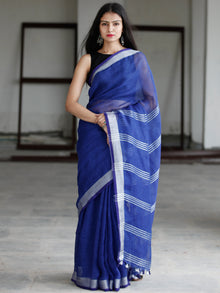 Royal Blue Silver Handwoven Linen Saree With Zari Border - S031703747